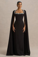 Glossy | Black Woven Square-Neck Maxi Dress With Cape Sleeves and Hand-Embellished Detail