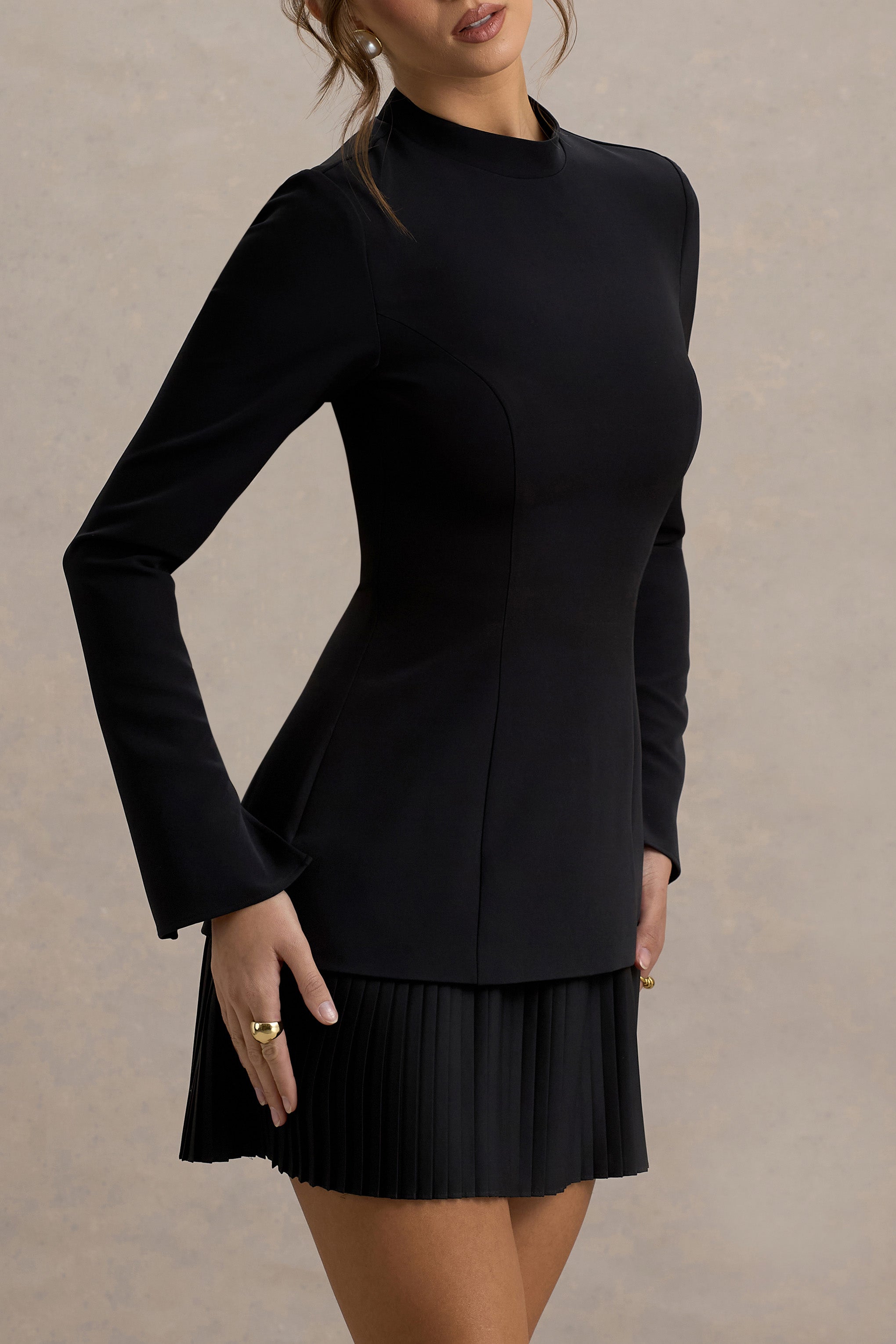 Athena | Black Long-Sleeve Mini Dress With Pleated Hem