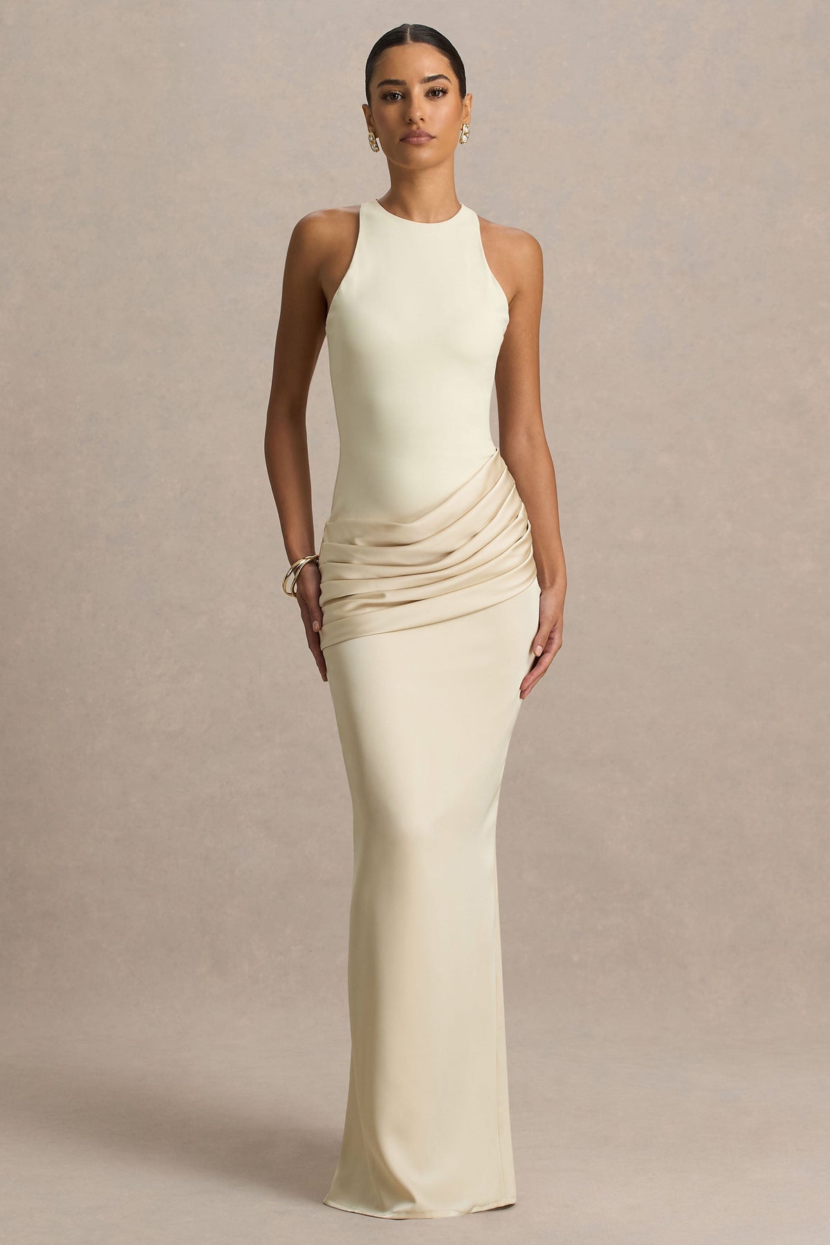 Akari | Champagne Crew-Neck Maxi Dress With Satin Skirt