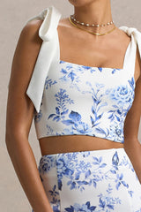 Phoebe | Blue Porcelain Print Crop Top With Tie Straps Tie