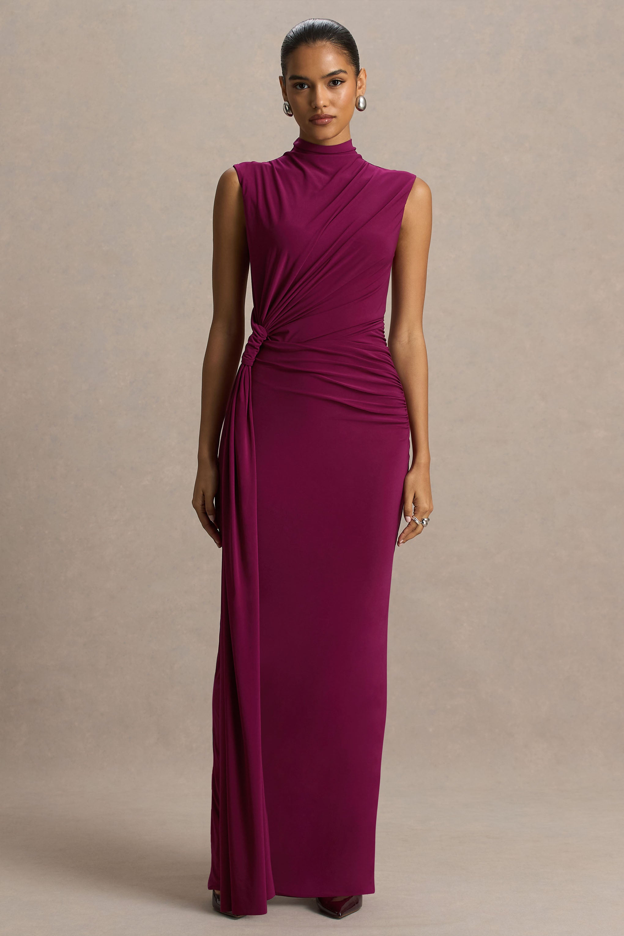 Solene | Burgundy High-Neck Maxi Dress With Wrap And Drape Detail