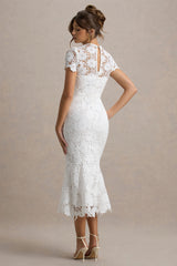 Clarissa | White Lace Short-Sleeve Pleated Midi Dress