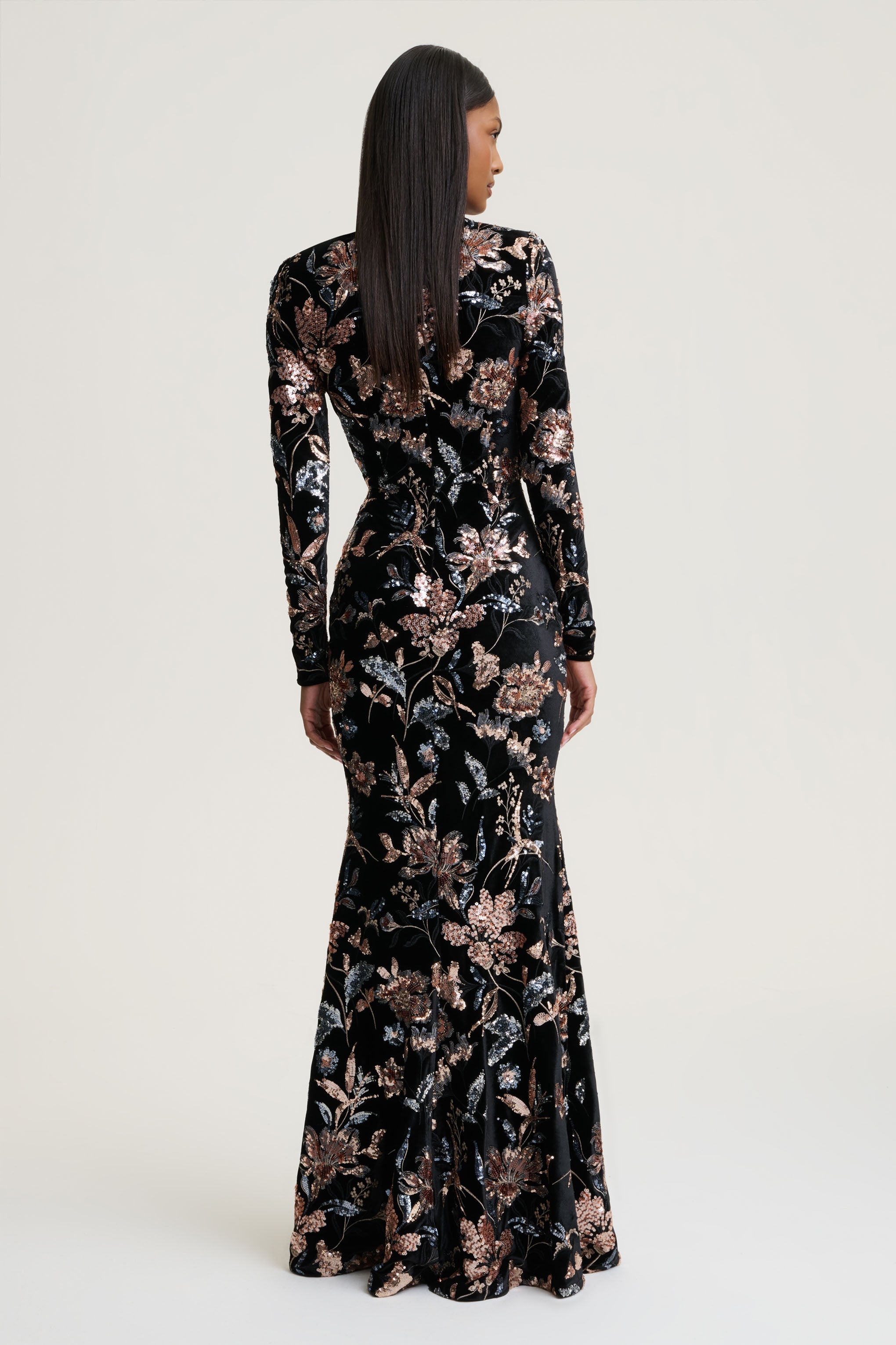 Lyric | Black Floral Velvet And Sequin Embellished Crew-Neck Maxi Dress