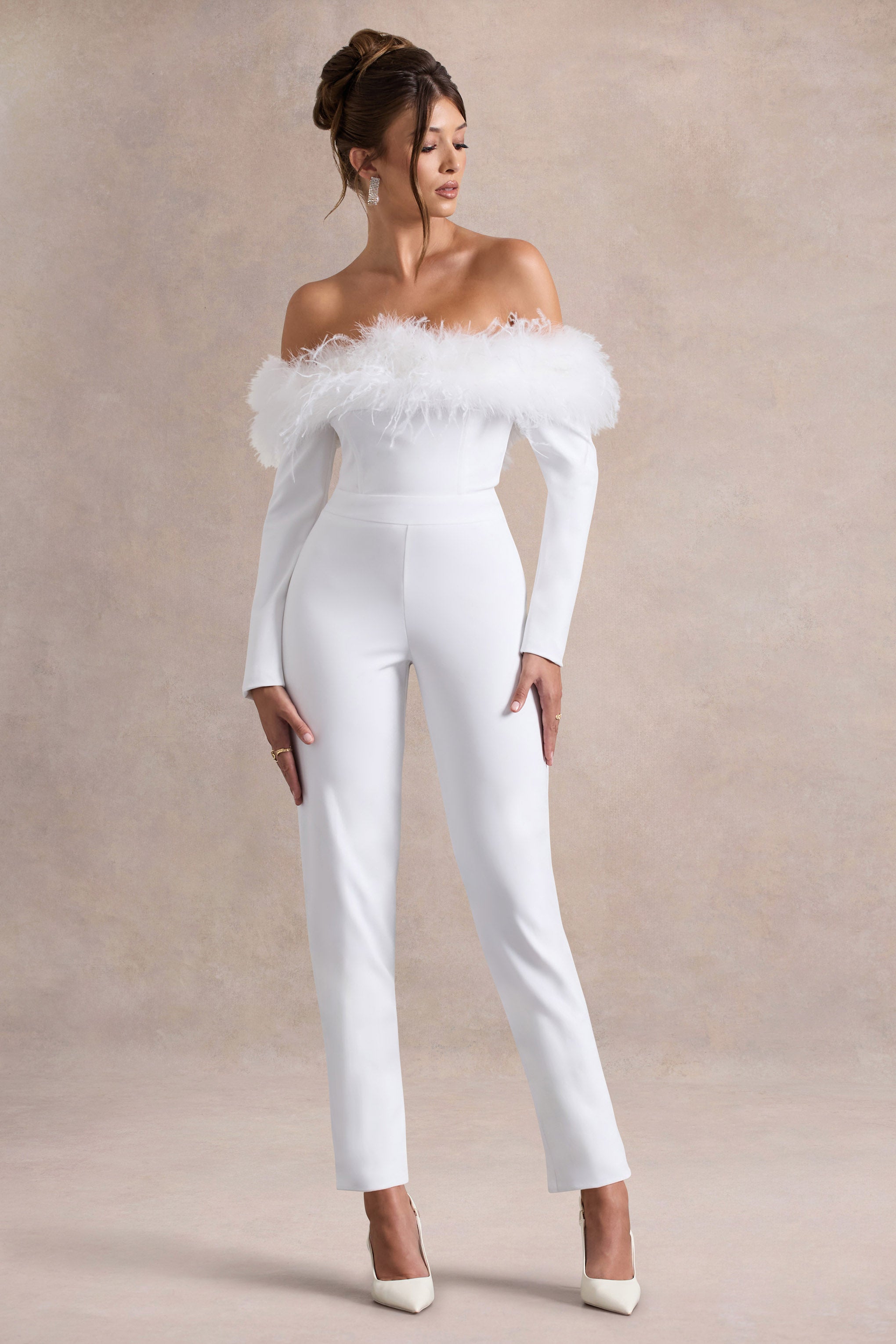 Ales | White Bardot Tailored Straight-Leg Jumpsuit With Feather Trim