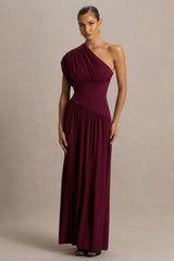 Kelsey | Burgundy Asymmetric-Neck Maxi Dress With Ruched Detailing