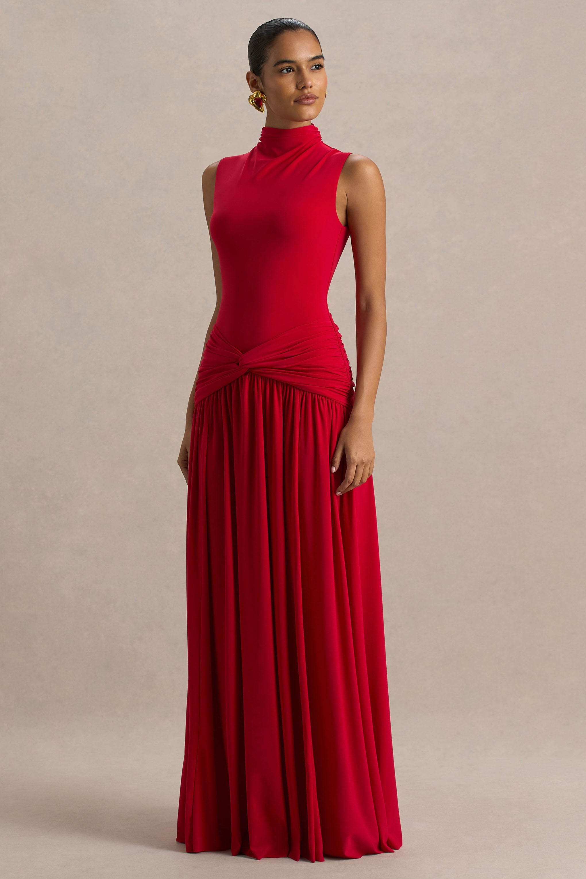 Cascade | Red High-Neck Maxi Dress With Twist Detail