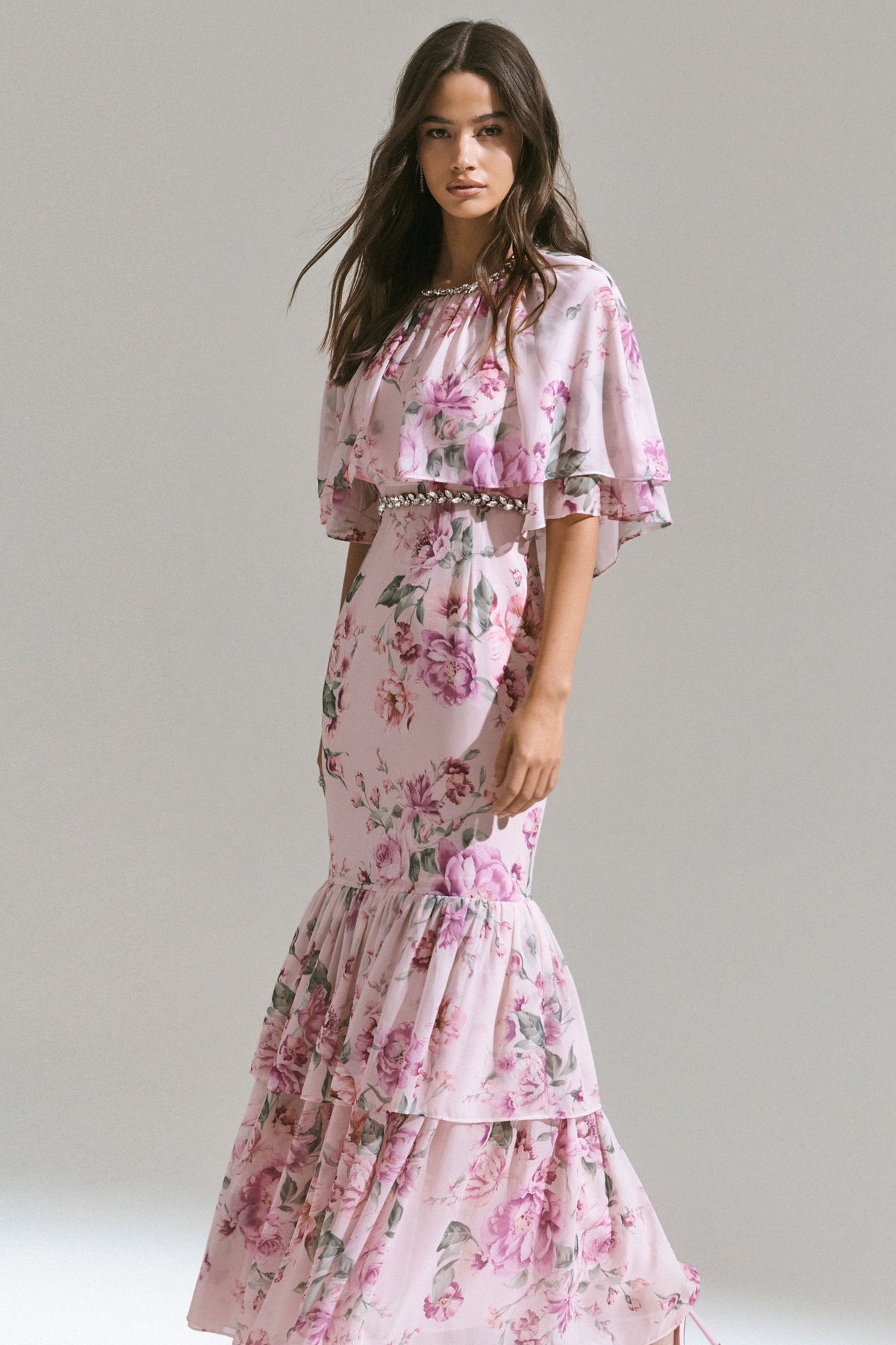 Never Let Go | Pink Floral Print Chiffon Maxi Dress With Tiered Hem