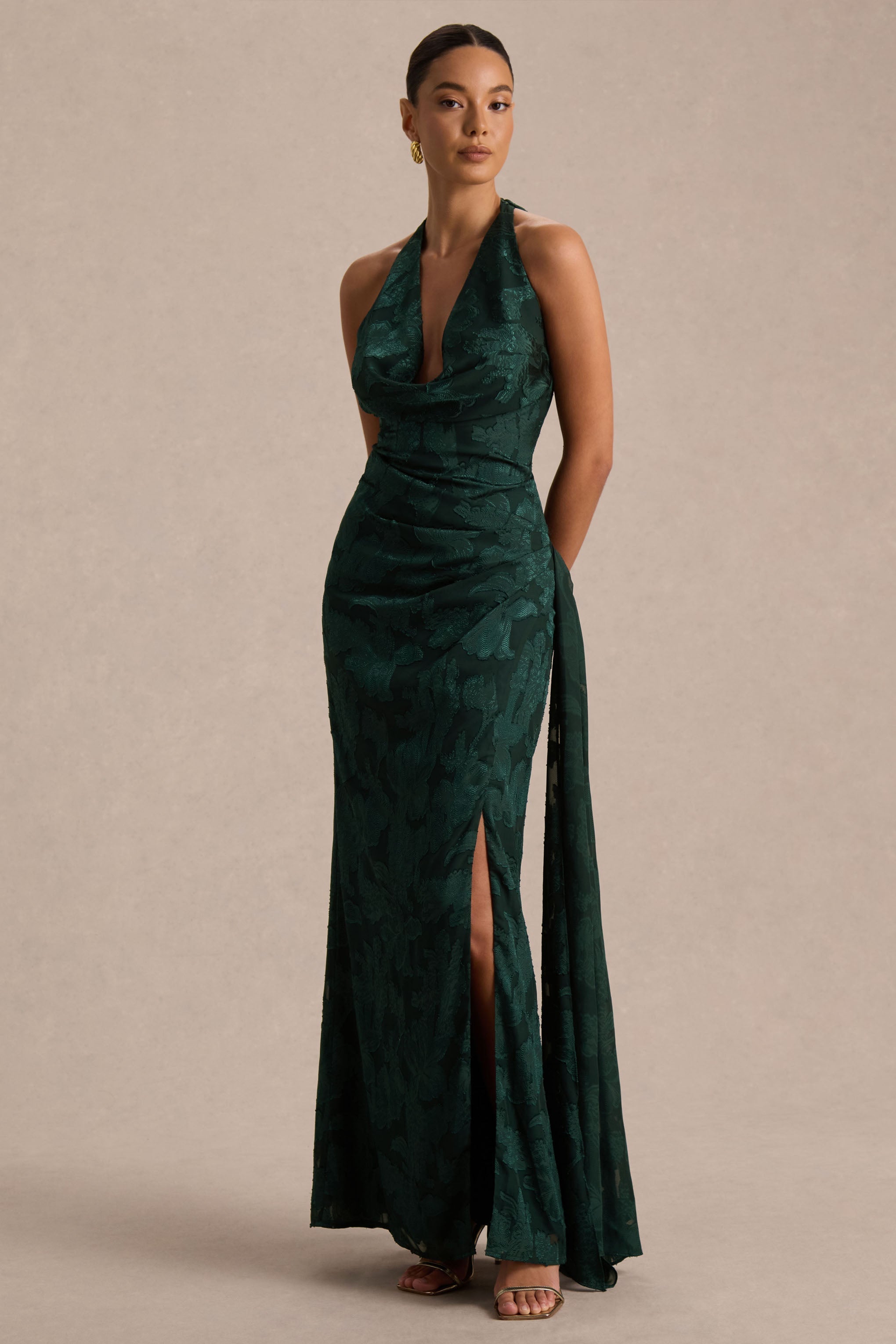 Talula | Dark Green Extreme Cowl-Neck Maxi Dress With Sash And Front-High Split