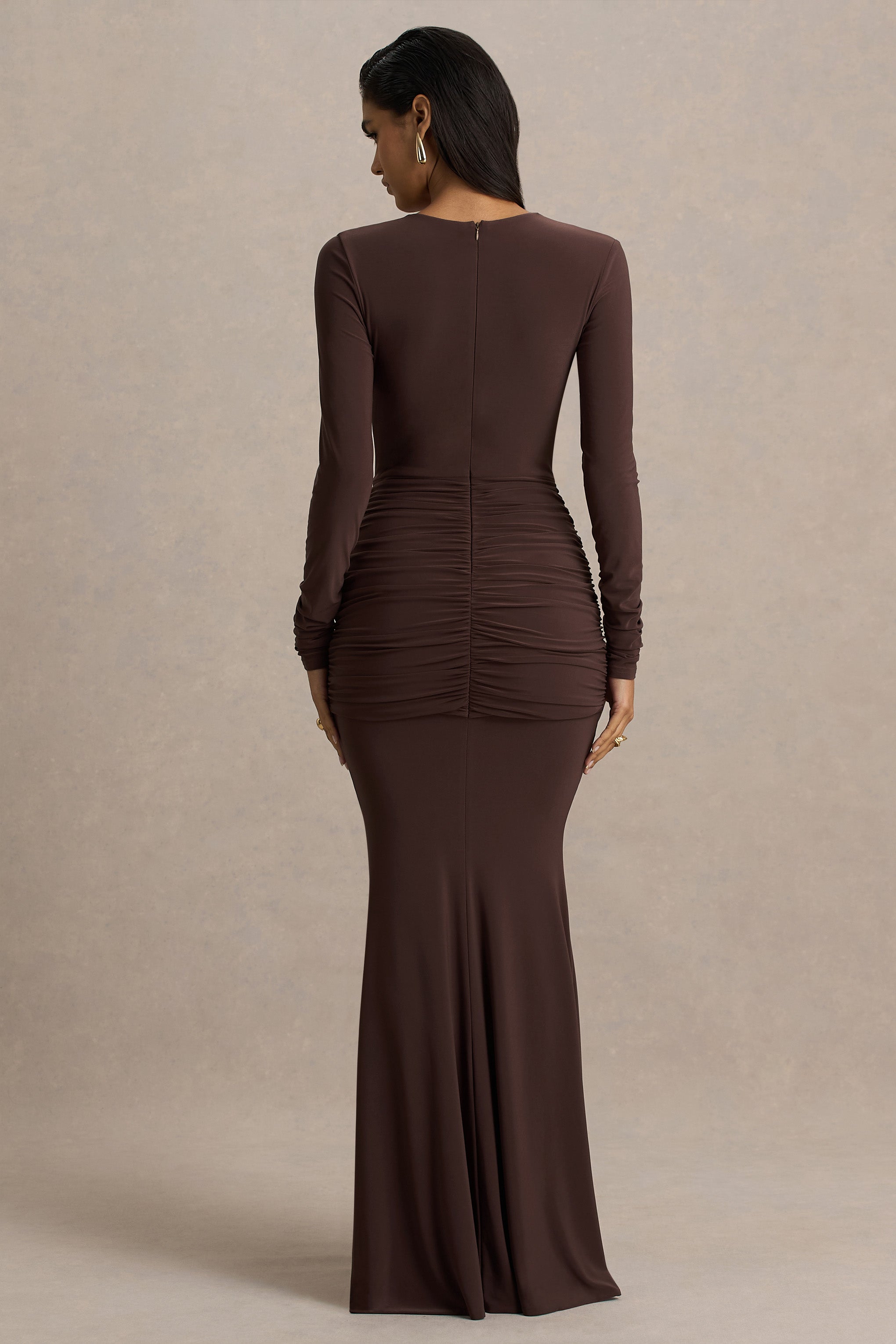 Saffie | Chocolate Extreme-Plunge Wrap Maxi Dress With Long-Sleeves And Ruched Detailing