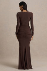 Saffie | Chocolate Extreme-Plunge Wrap Maxi Dress With Long-Sleeves And Ruched Detailing
