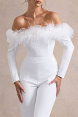 Ales | White Bardot Tailored Straight-Leg Jumpsuit With Feather Trim