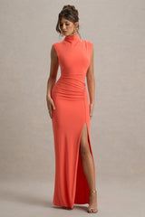 Lanetta | Coral Ruched High-Neck Maxi Dress With Split