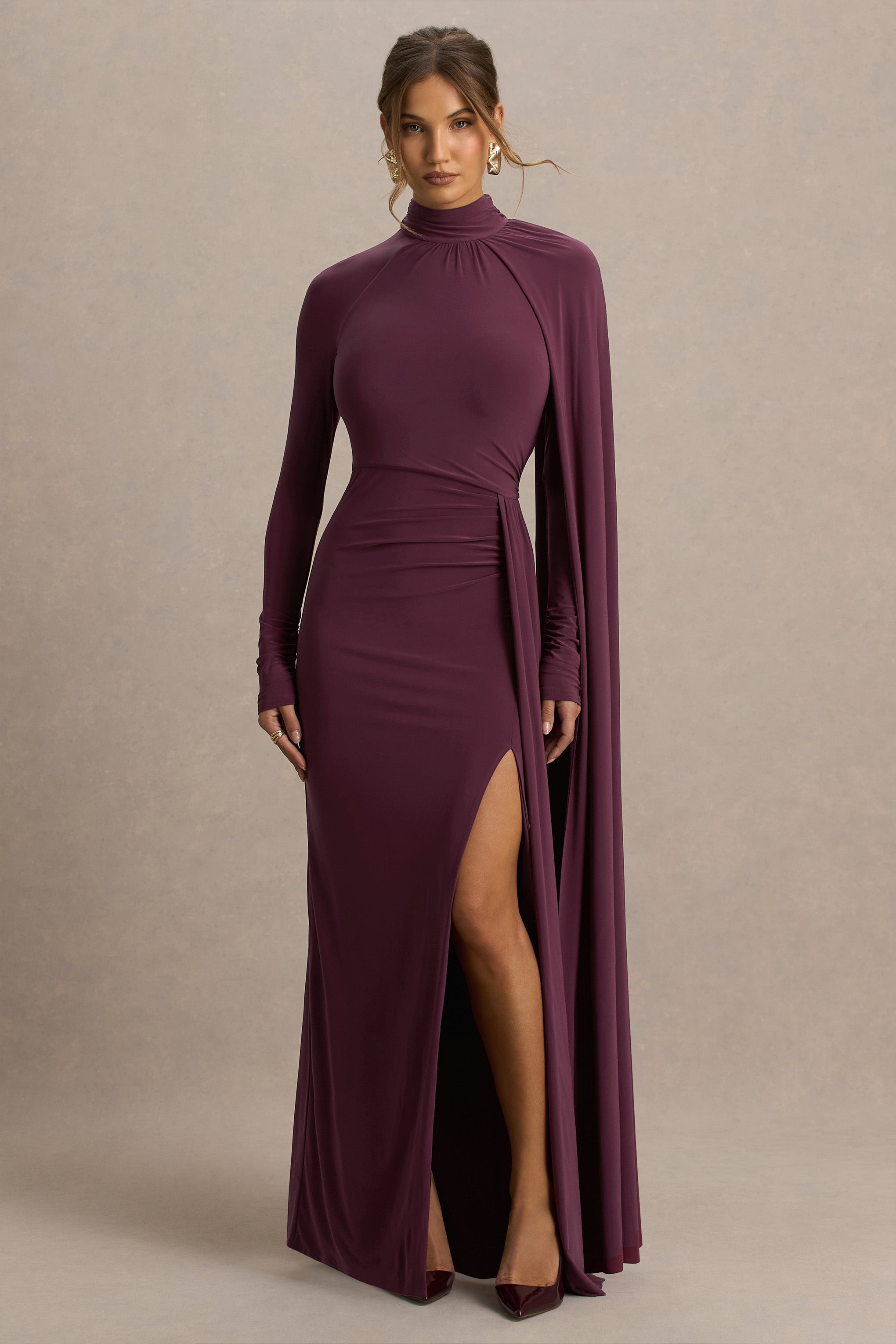 Anticipation | Burgundy High-Neck Maxi Dress With Front Split And Ruched Detailing
