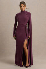 Anticipation | Burgundy High-Neck Maxi Dress With Front Split And Ruched Detailing