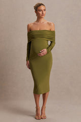 Elspeth | Olive Bardot-Neck Maternity Midi Dress