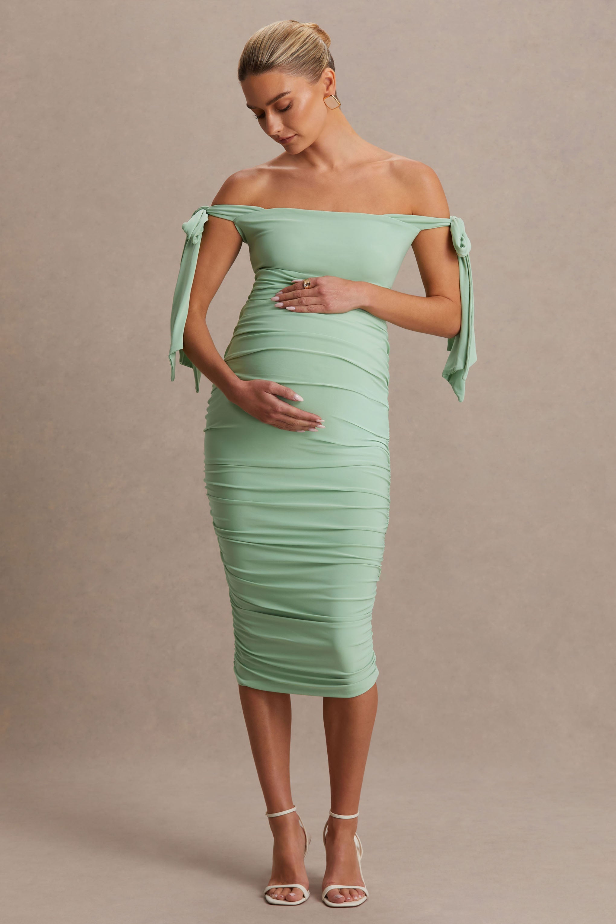 Chandelier | Light Green Bardot Maternity Midi Dress With Bow Details