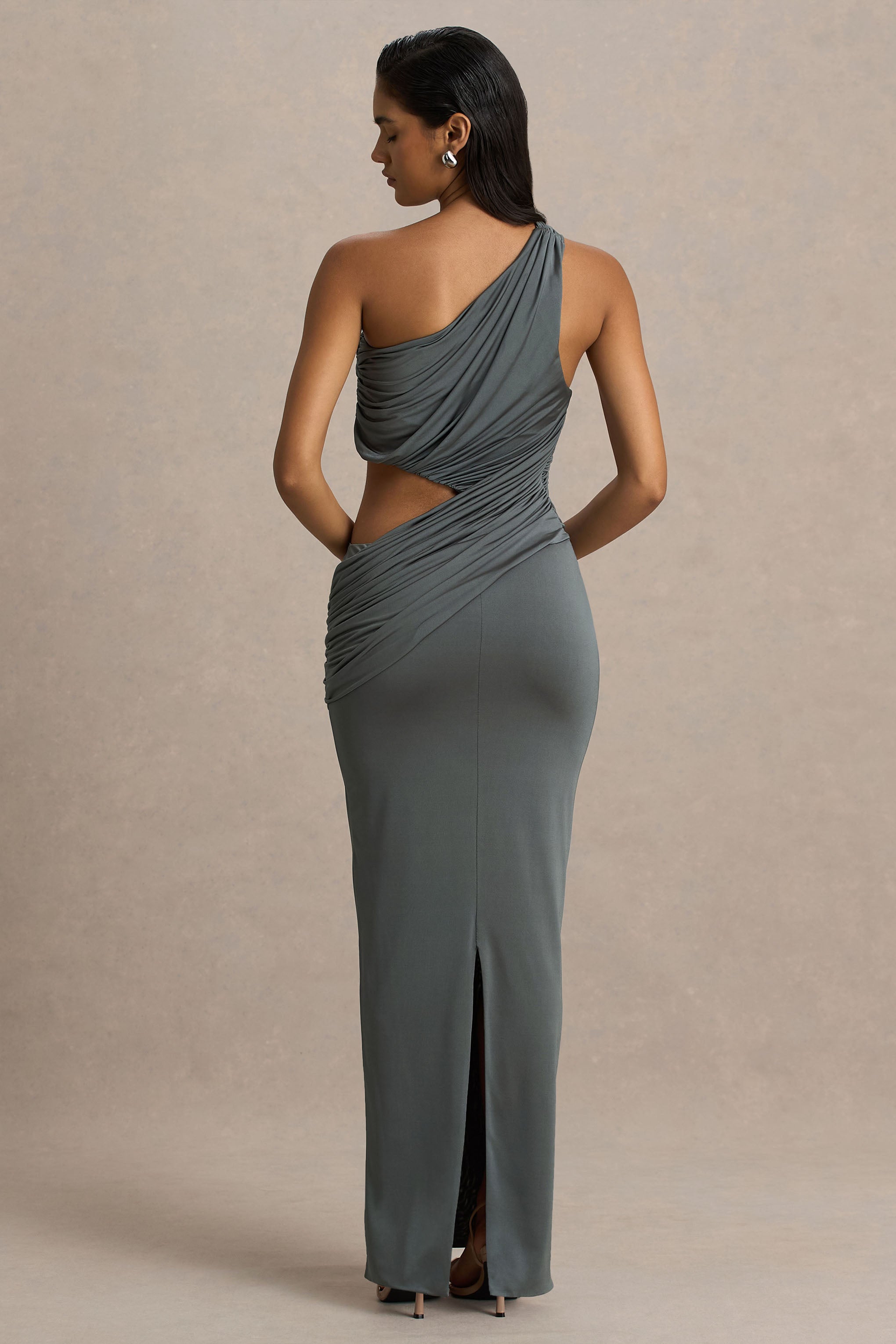 Serefine | Grey Asymmetric-Neck Maxi Dress With Body Cut-Out