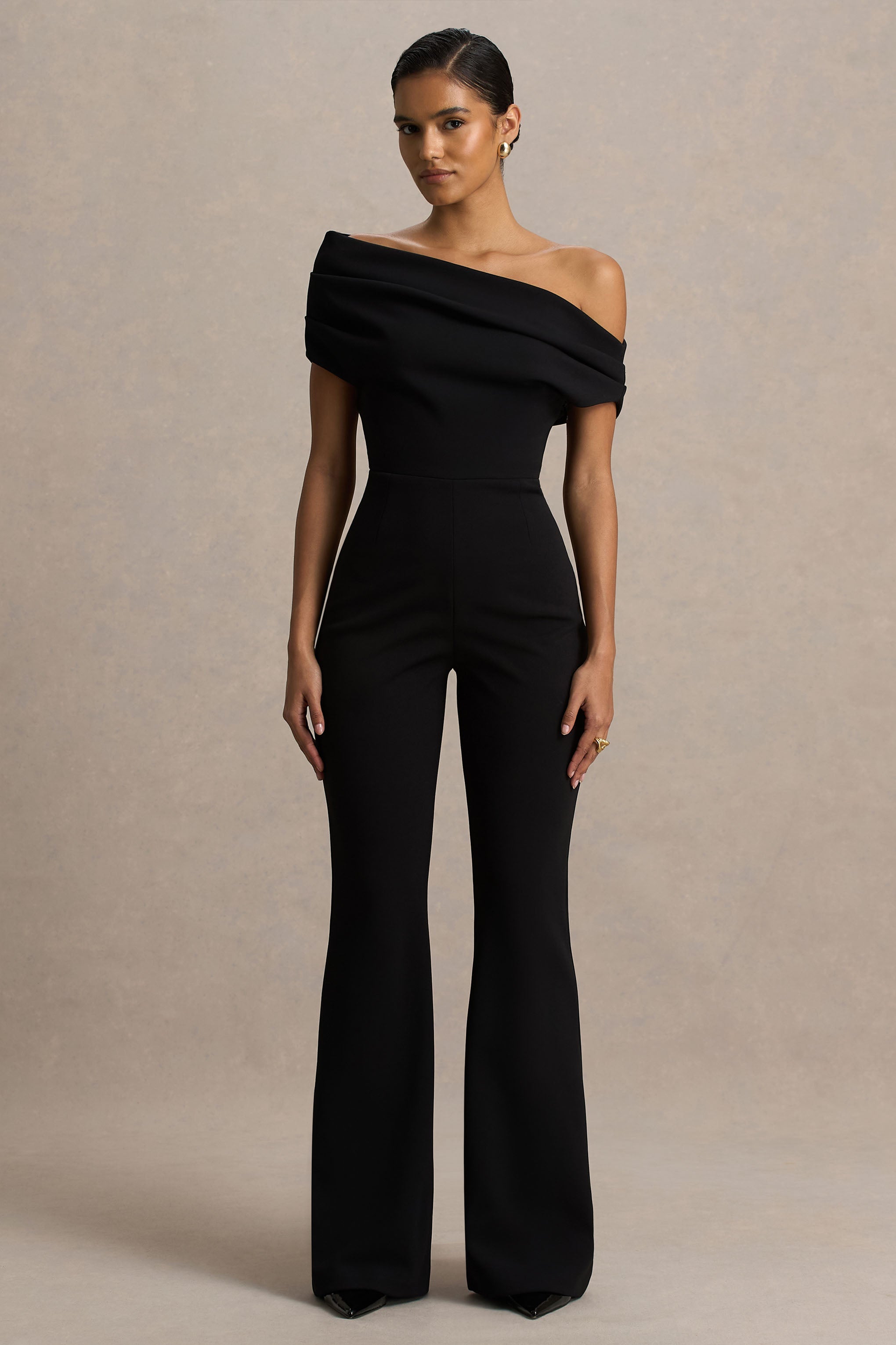 Alexandra | Black Asymmetric-Neck Draped Jumpsuit