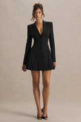 Blossoming | Black Plunge-Neck Tailored Mini Dress With Pleating