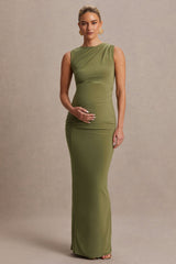 Raven | Olive Boat-Neck Maternity Maxi Dress With Gathered-Detailing