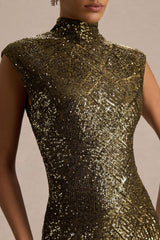 Cecy | Khaki Sequin High-Neck Maxi Dress With Cap Sleeves
