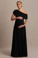 Noah | Black Asymmetric-Neck Maternity Maxi Dress With Drop-Waist