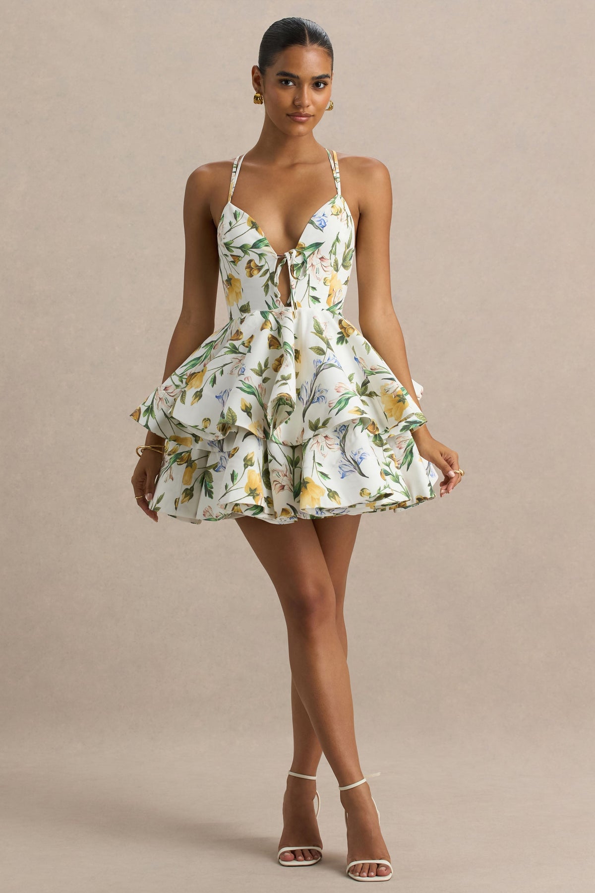 Flavia | White Botanical Print Linen Plunge-Neck Ruffled Skater Micro-Mini Dress