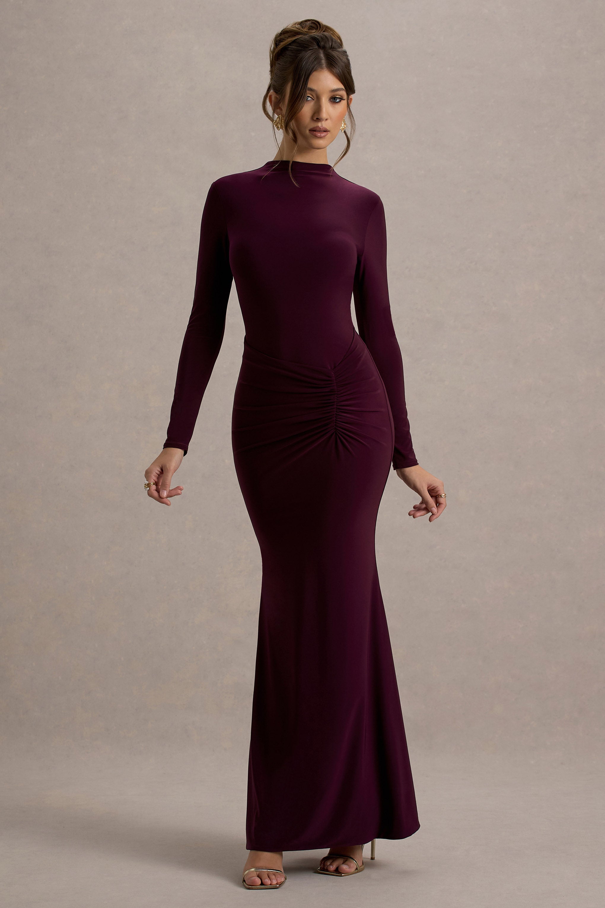Reid | Plum Long-Sleeve Gathered Maxi Dress