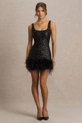 Rosalinda | Black Sequin Square-Neck Mini Dress With Feather Trim