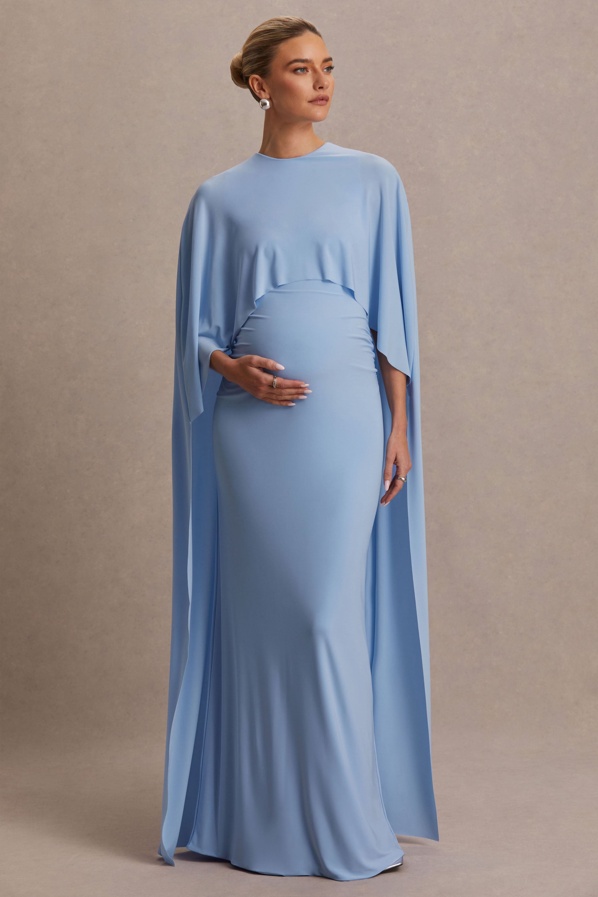 Padma | Powder Blue Draped Maternity Maxi Dress With Cape Sleeves