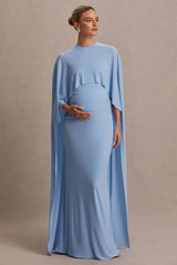 Padma | Powder Blue Draped Maternity Maxi Dress With Cape Sleeves