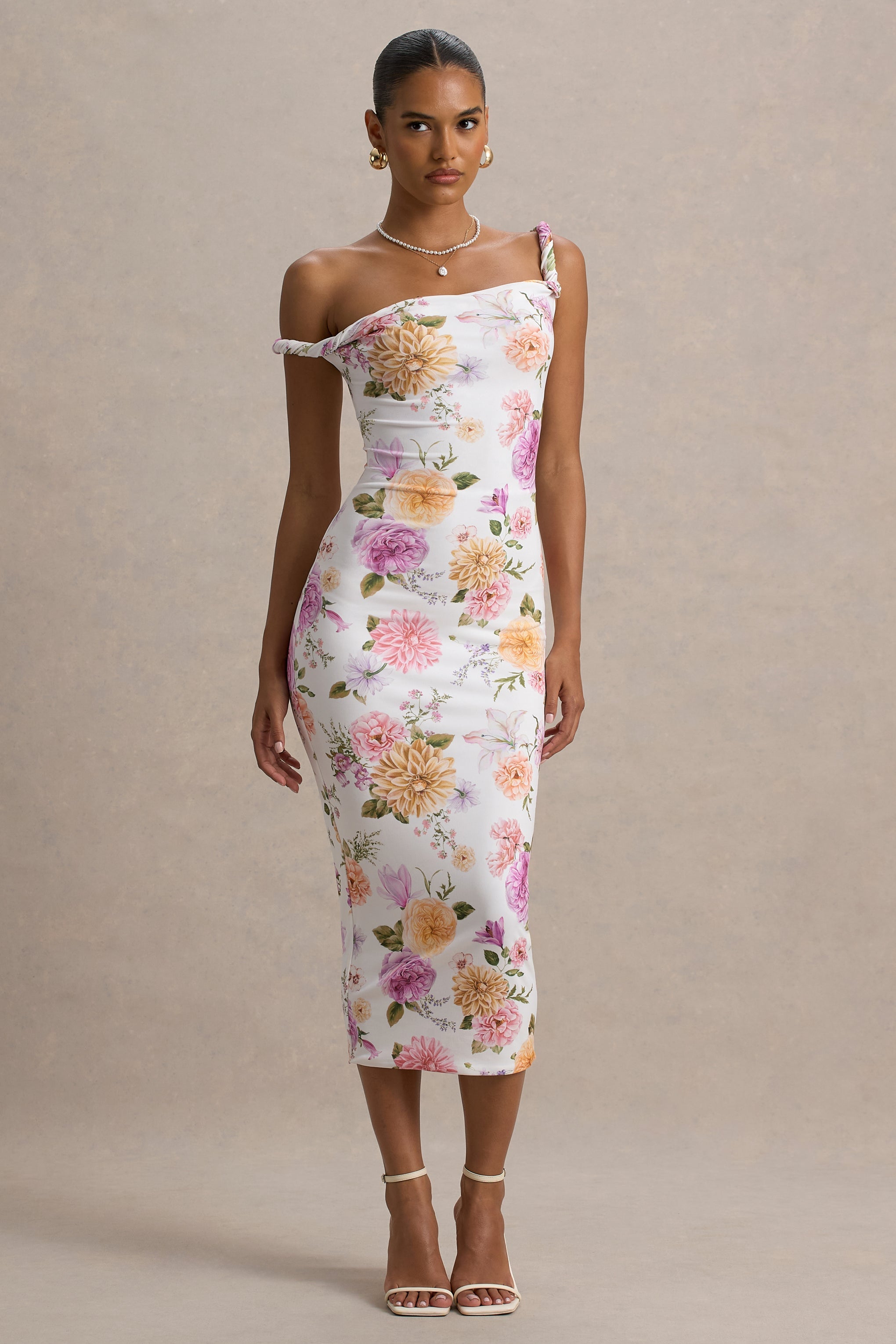 Nora | Peach And Lilac Floral Twisted Asymmetric Midi Dress