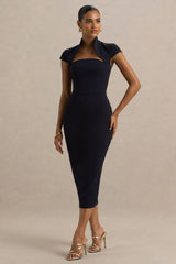 Elsie | Navy Cut-Out Neck Midi Dress With Short Sleeves