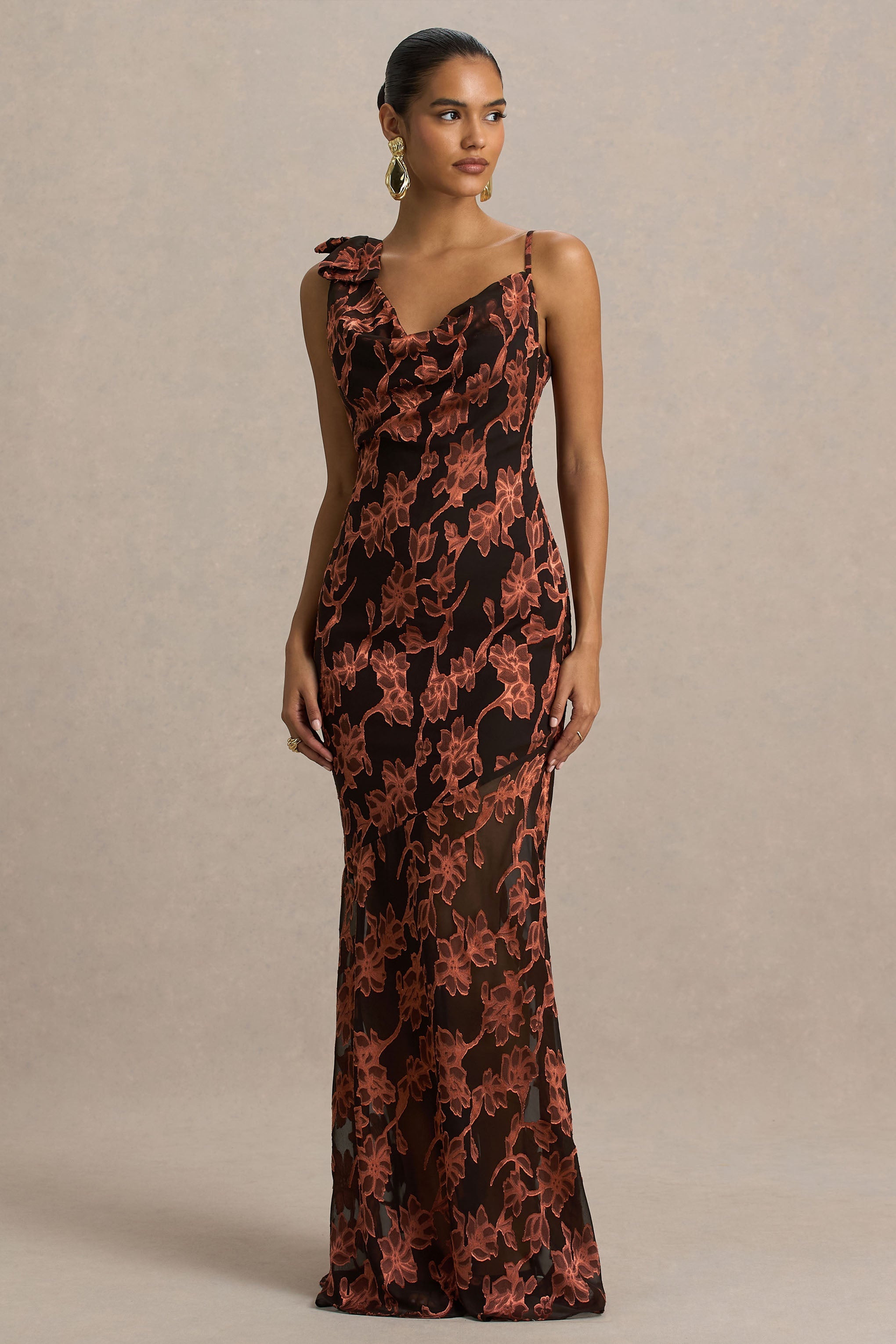 Mar | Black And Rust Cowl-Neck Maxi Dress With Bow Detail