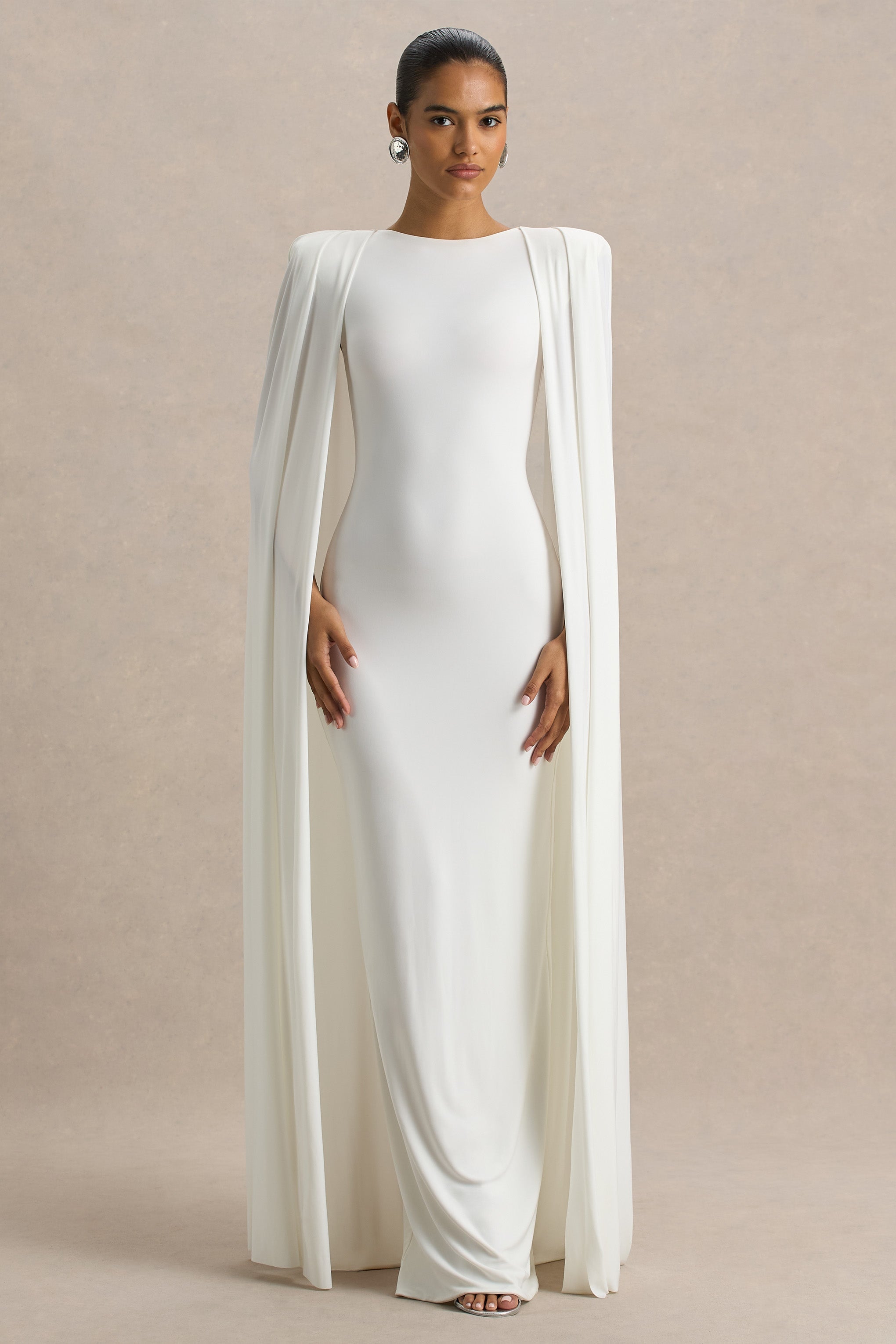 Mimi | White Slashed-Neck Maxi Dress With Cape Sleeve Detail