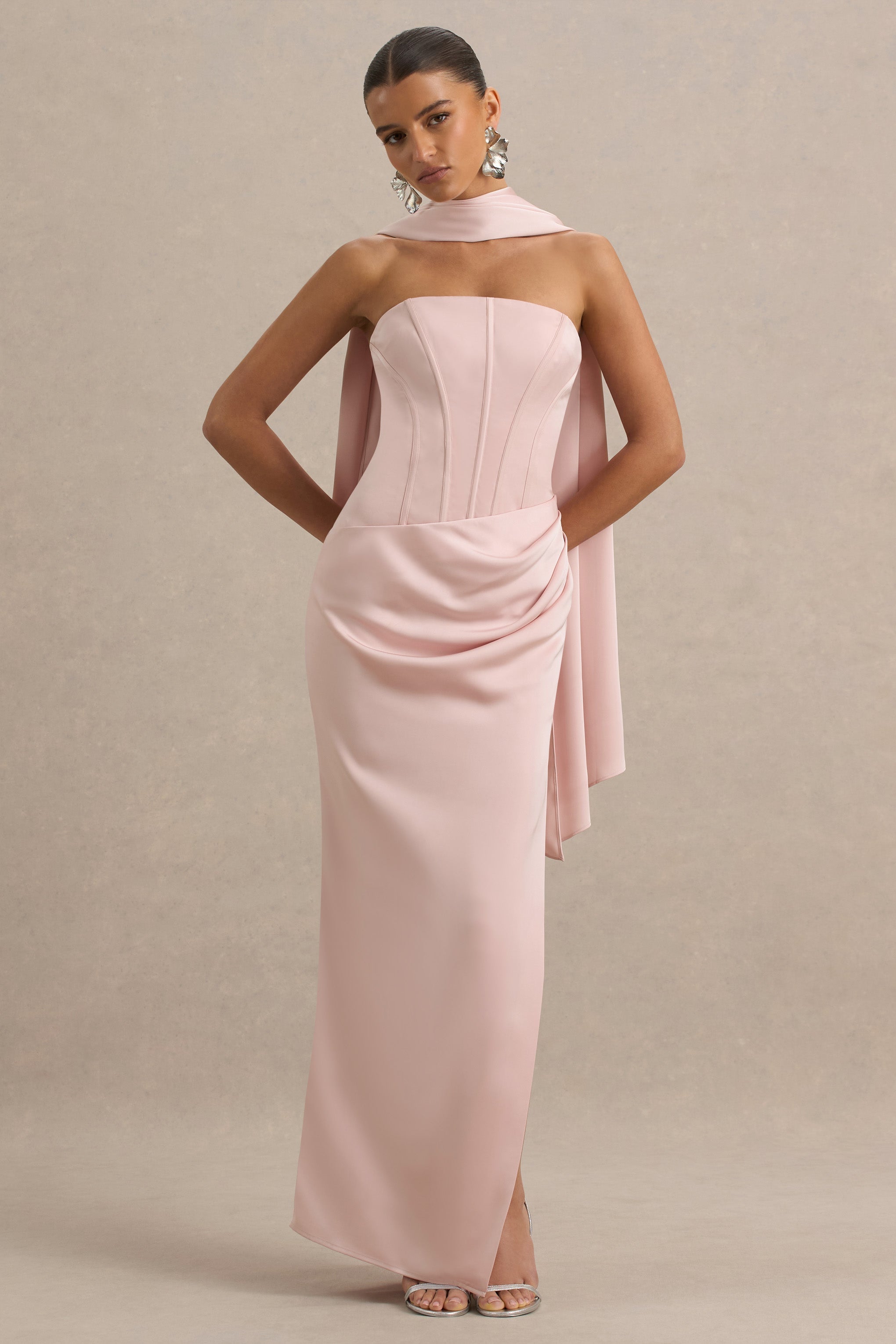 Joseline | Pale Pink Satin Corset Wrap Maxi Dress With Scarf