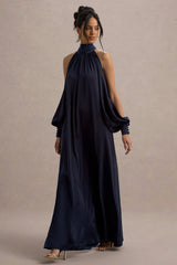 Baila | Navy Satin High-Neck Cape-Sleeve Maxi Dress