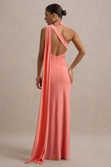 Rita | Coral Asymmetric Wrap Maxi Dress With Scarf
