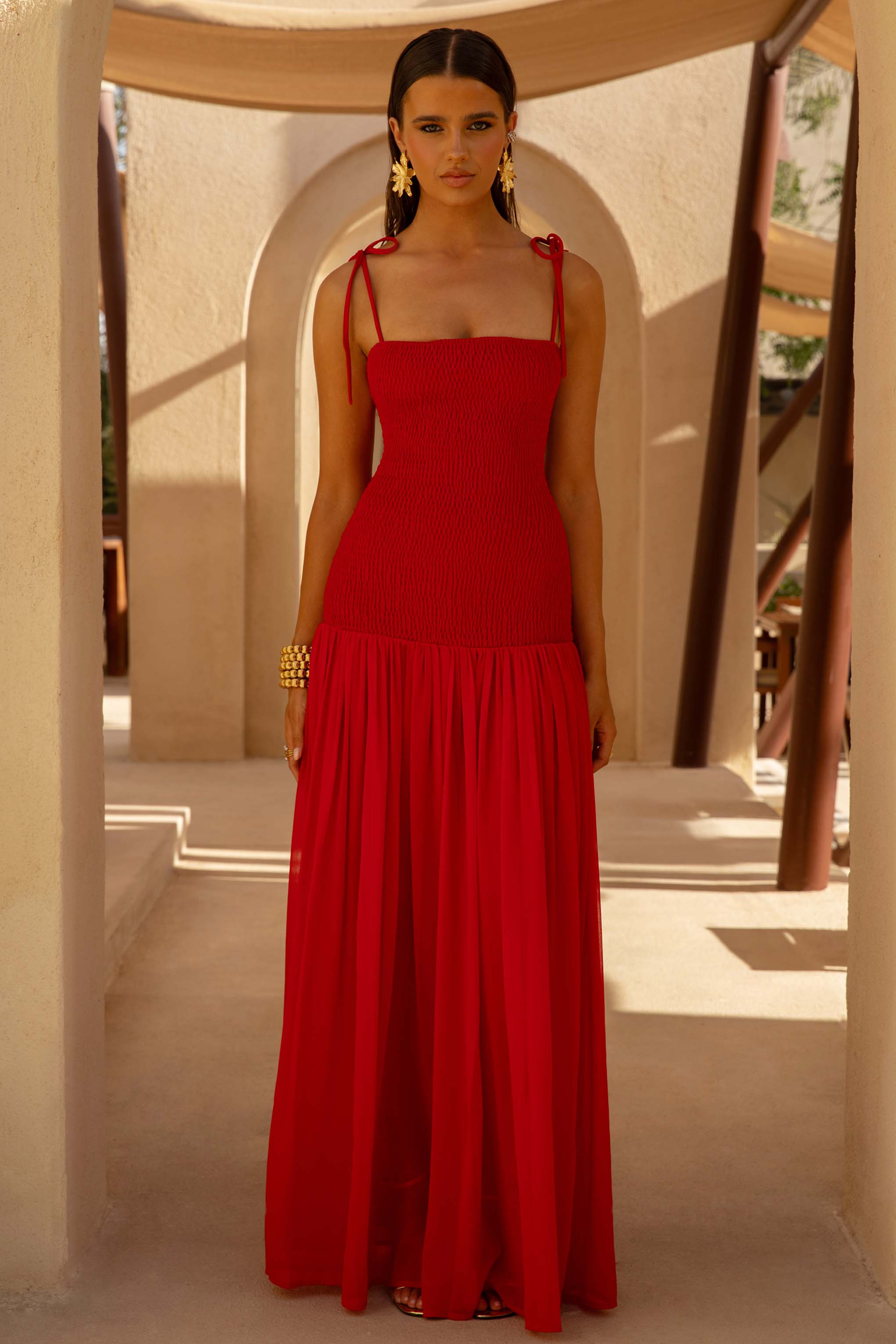 Maeva | Red Square-Neck Fishtail Maxi Dress With Ruched Detailing