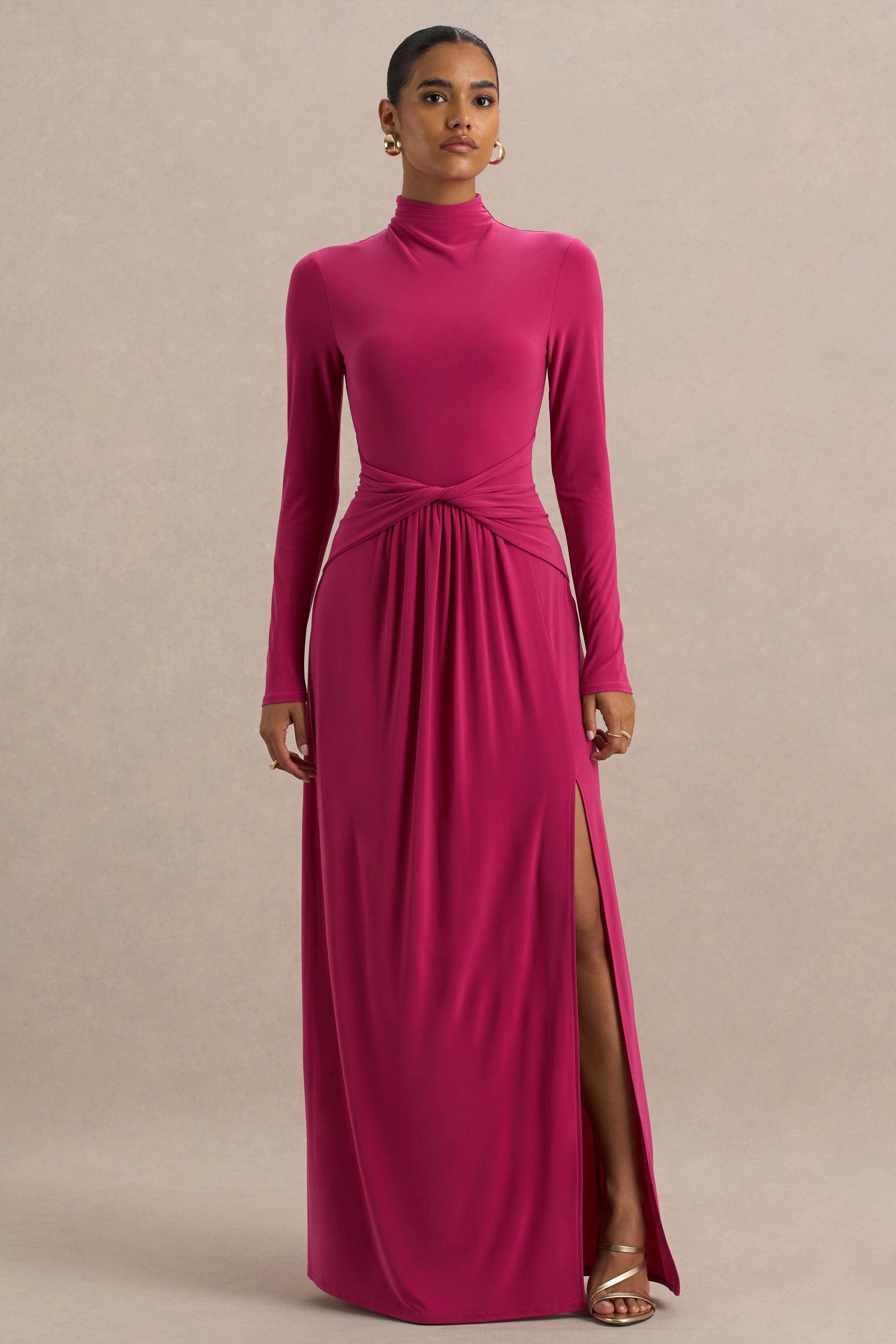 Hourglass | Hot Pink Long-Sleeve Twisted Maxi Dress With Split