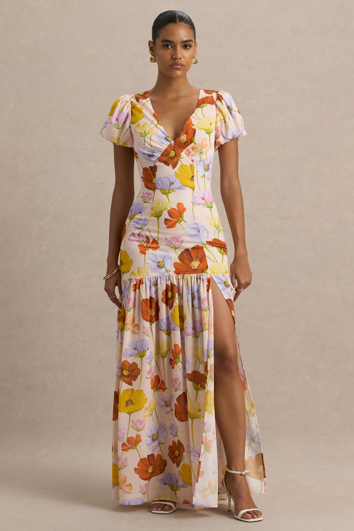 Ginny | Bright Floral Print Puff-Sleeve Split Maxi Dress