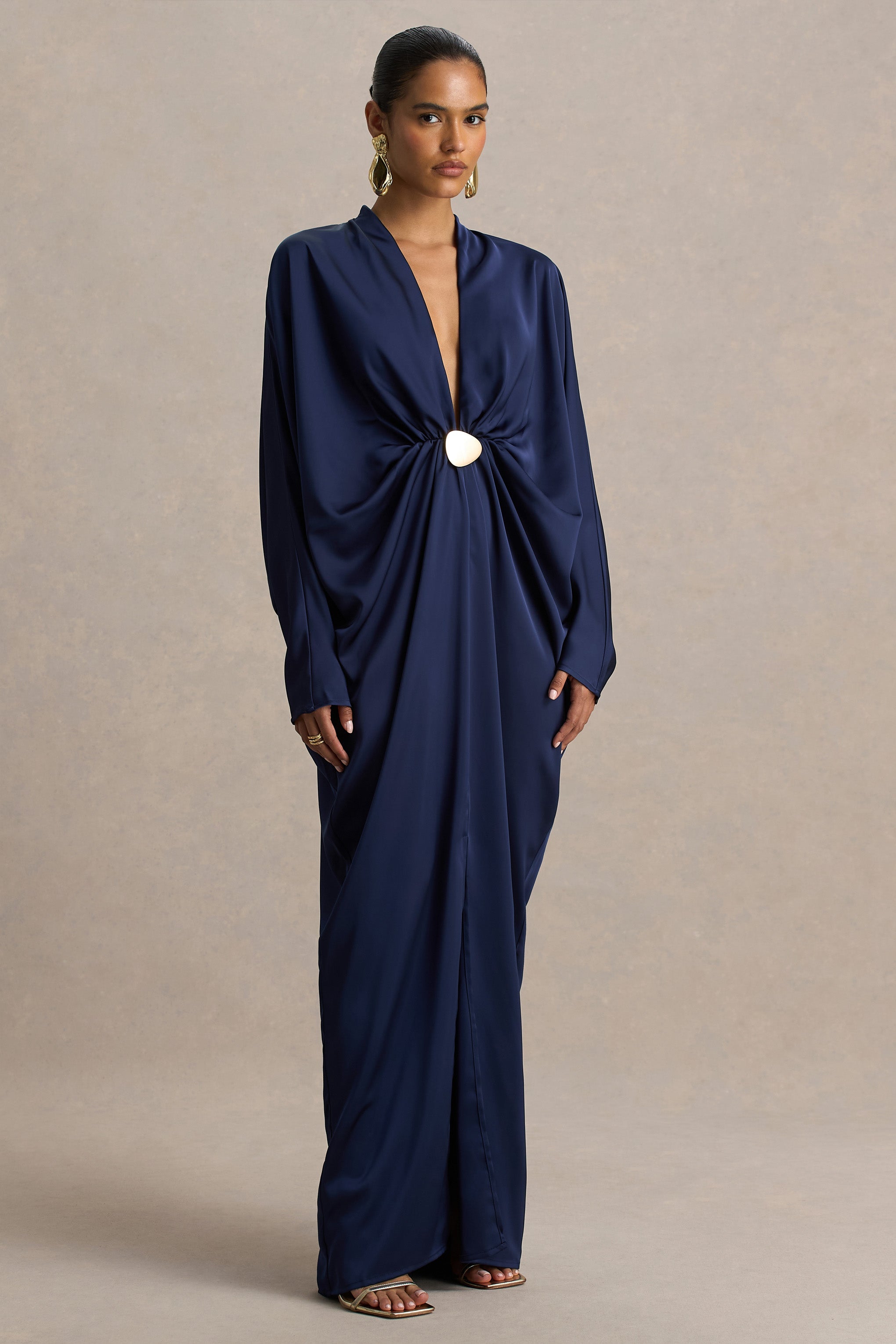 Tina | Navy Satin Plunge-Neck Embellished Maxi Dress