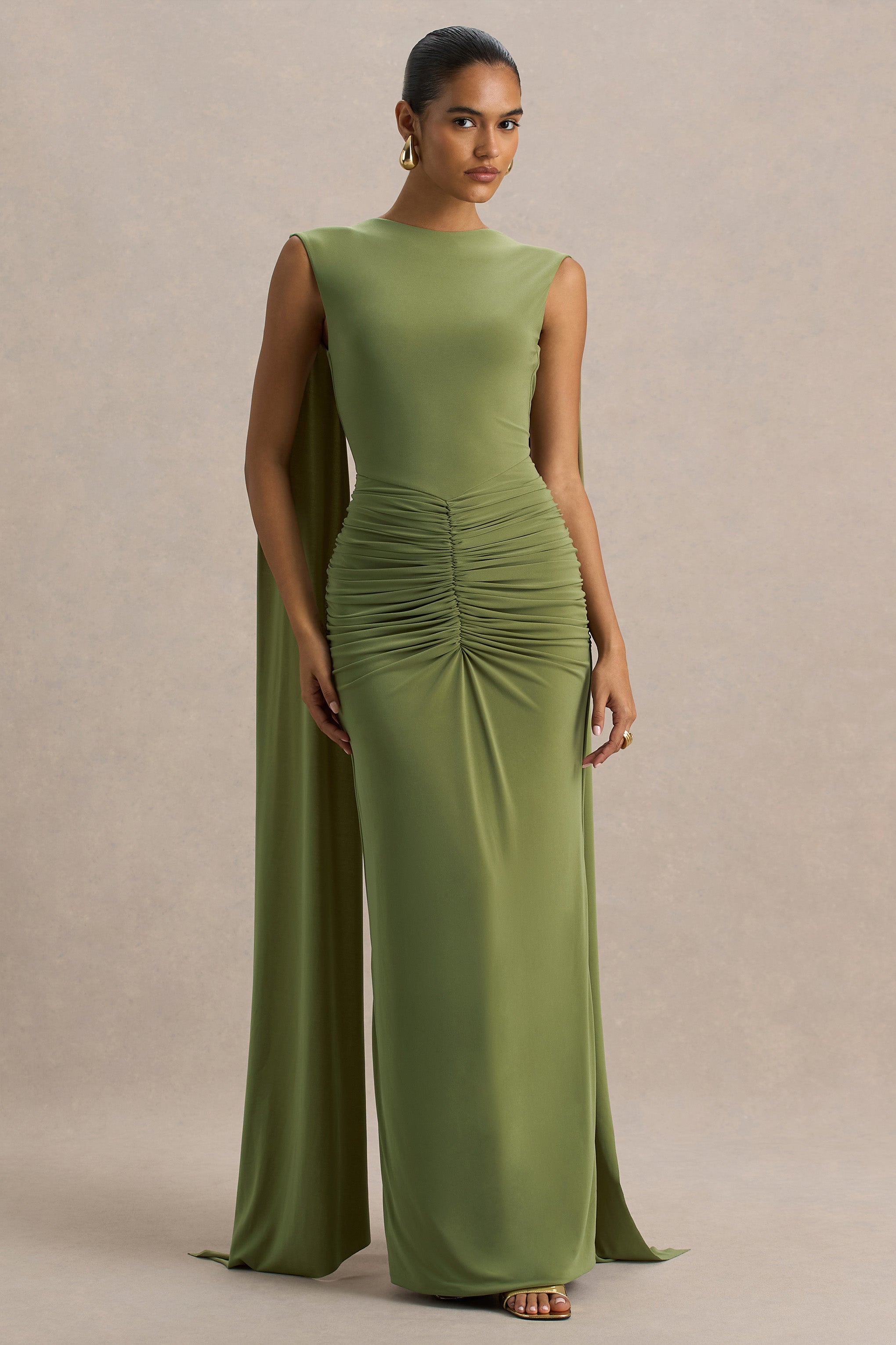 Premiere | Olive Boat-Neck Maxi Dress With Cape-Sleeves And Open-Back