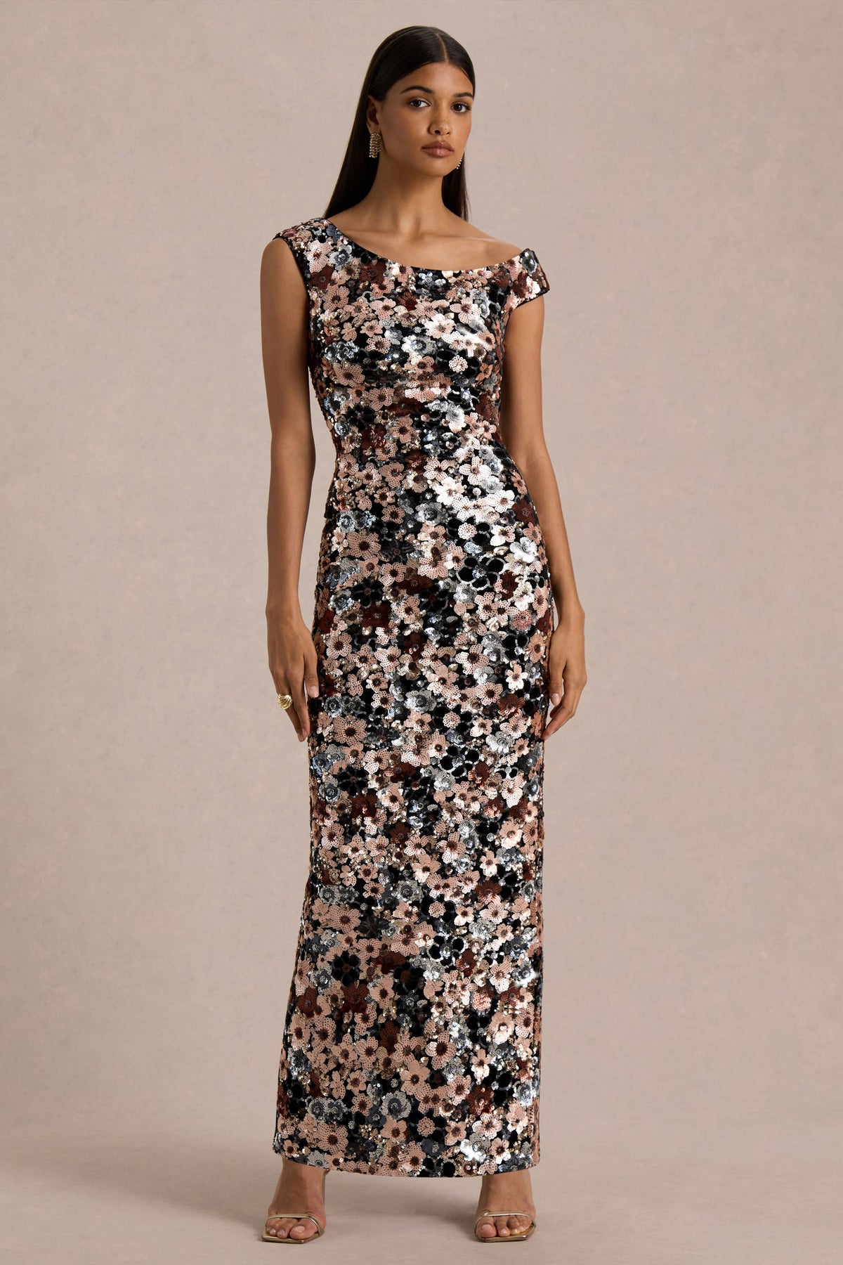 Electric | Black Velvet & Embellished Sequin Floral Asymmetric-Neck Maxi Dress