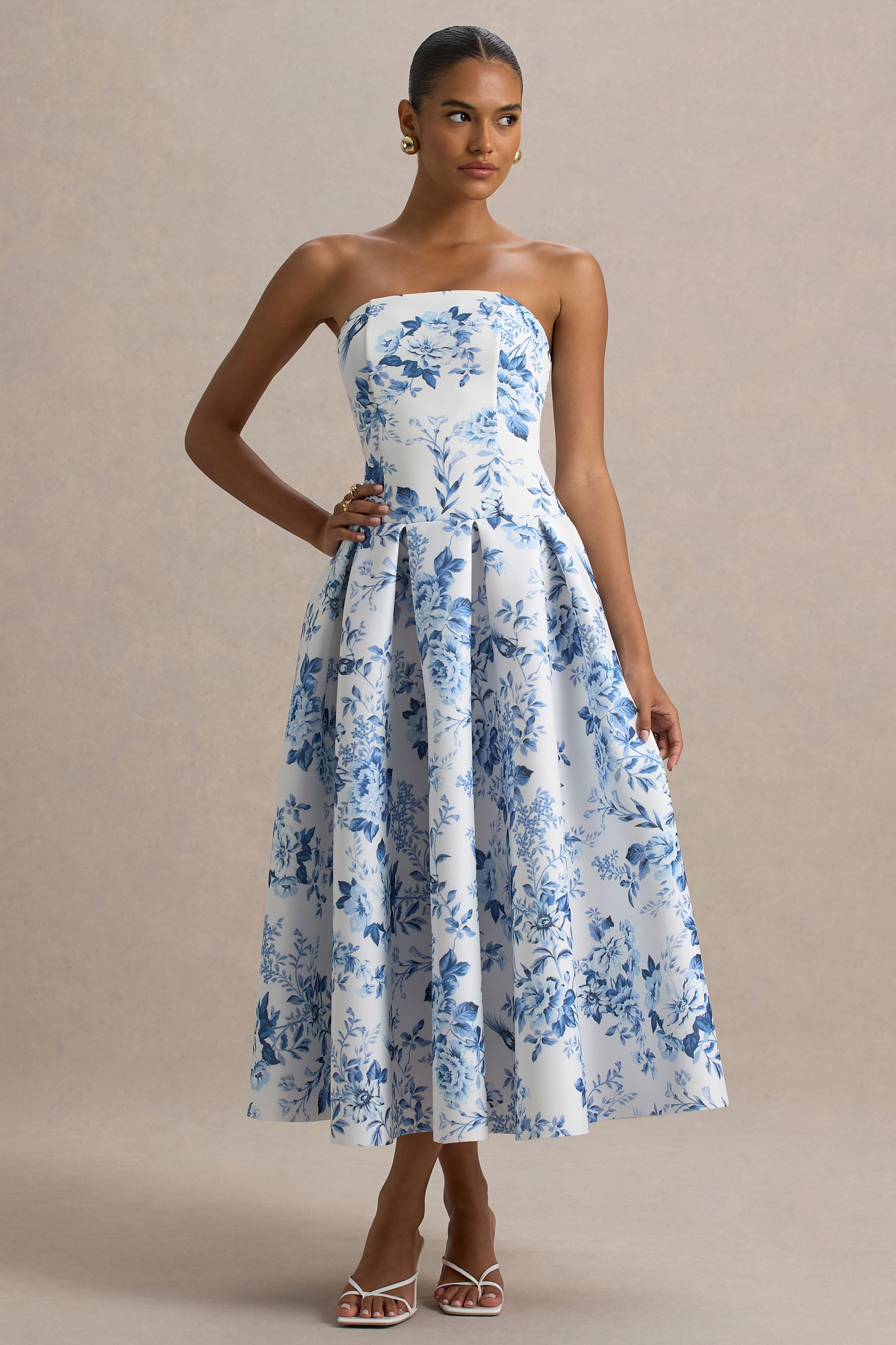 Alaina | Blue Porcelain Print Bandeau Midi Dress With Volume Skirt