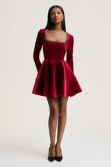 Beloved | Burgundy Velvet Hand-Embellished Square-Neck Mini Dress