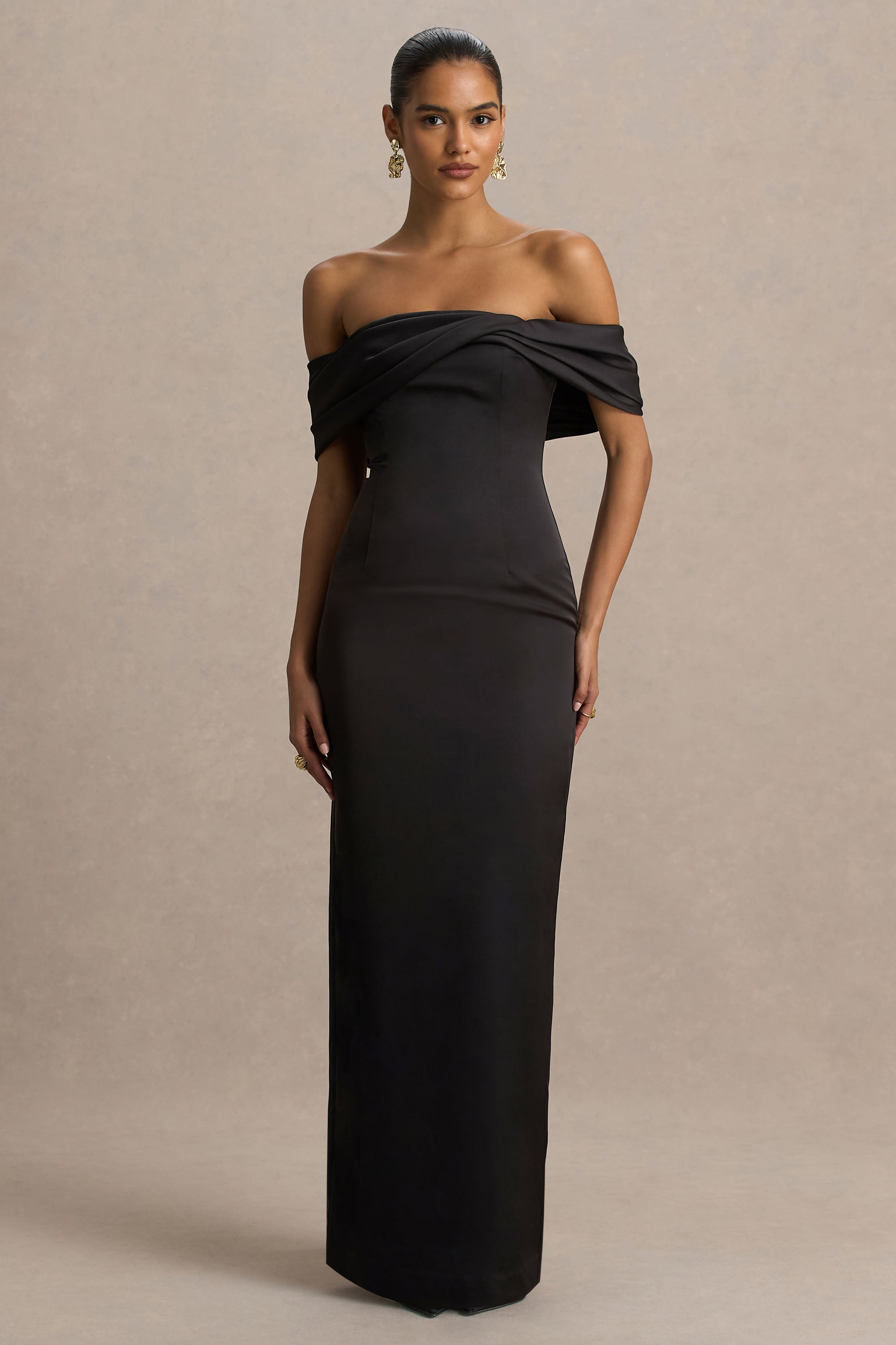 Valeria | Black Satin Twist-Bardot Neck Maxi Dress