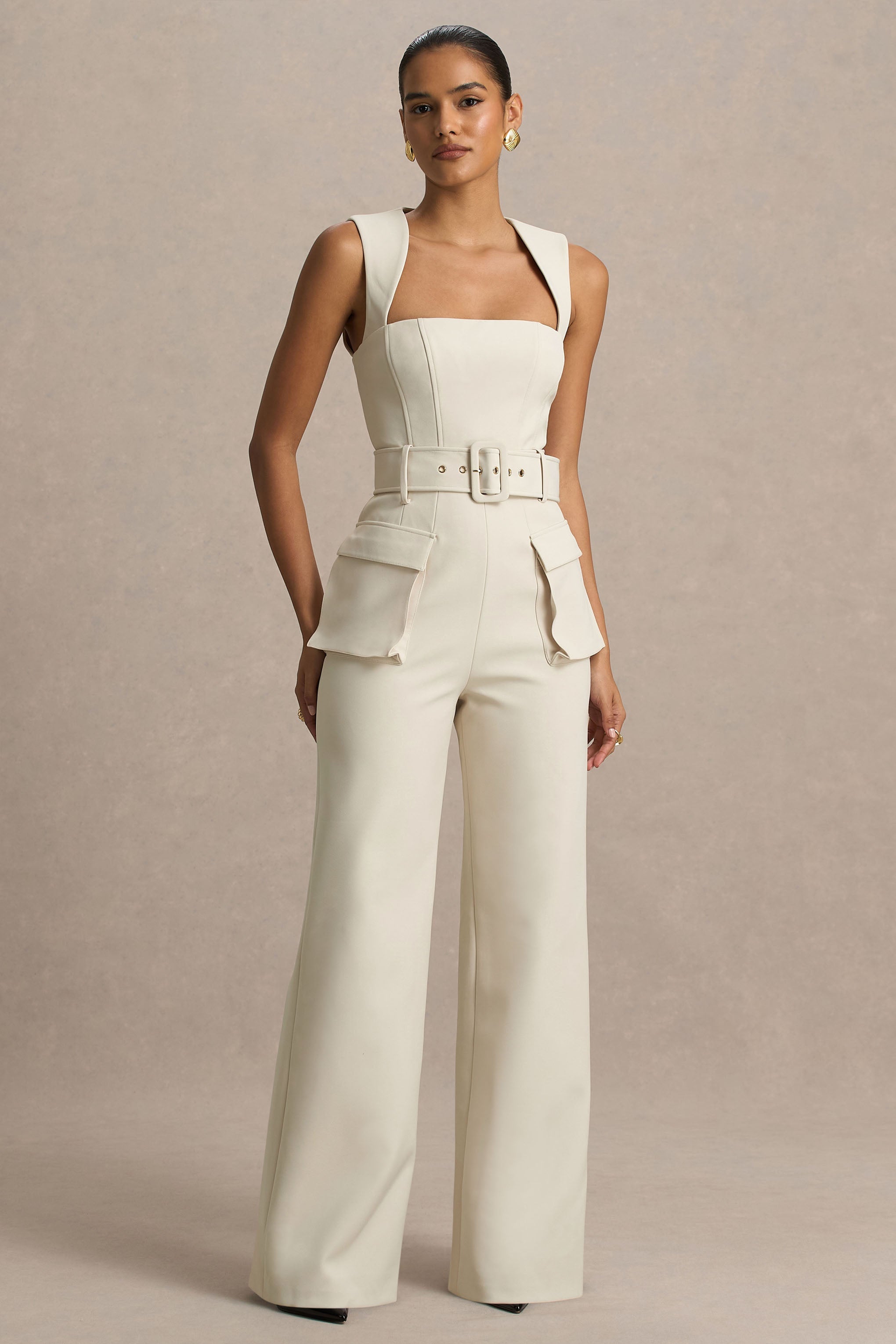 Solice | Cream Square-Neck Tailored Jumpsuit