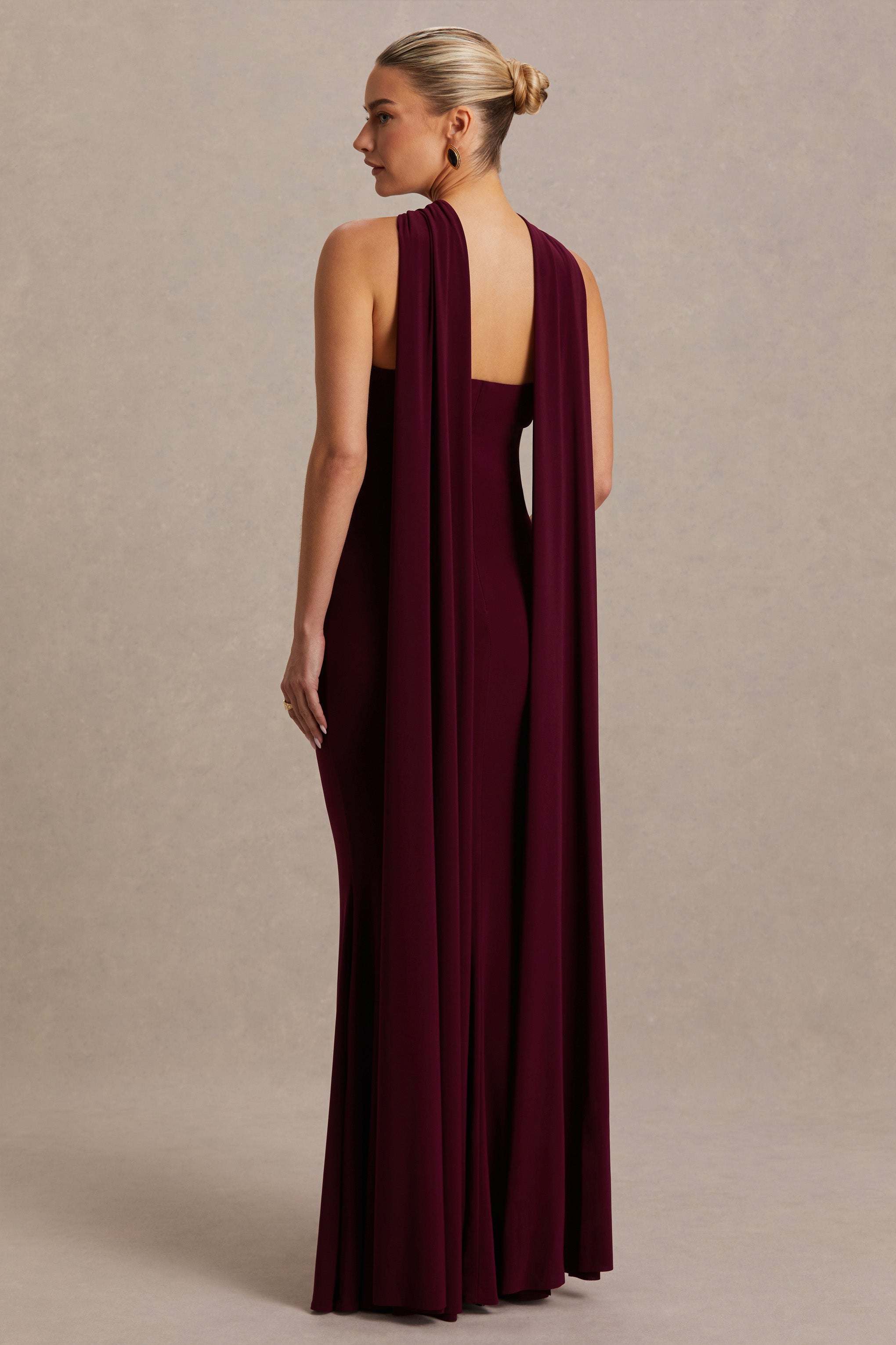 Lyra | Burgundy Cross Halter-Neck Maternity Maxi Dress With Cape