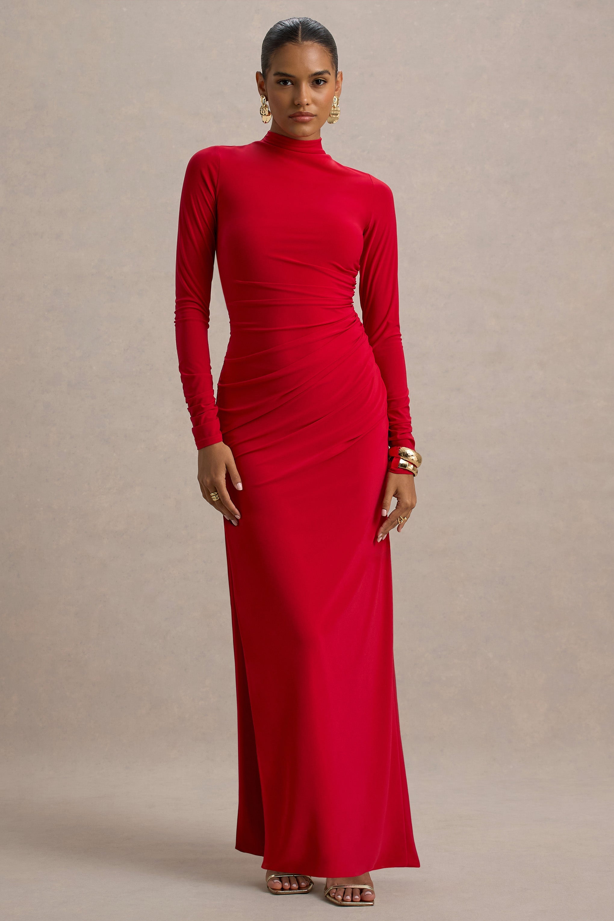 Alluring | Red High Neck Maxi Dress With Ruched Detailing